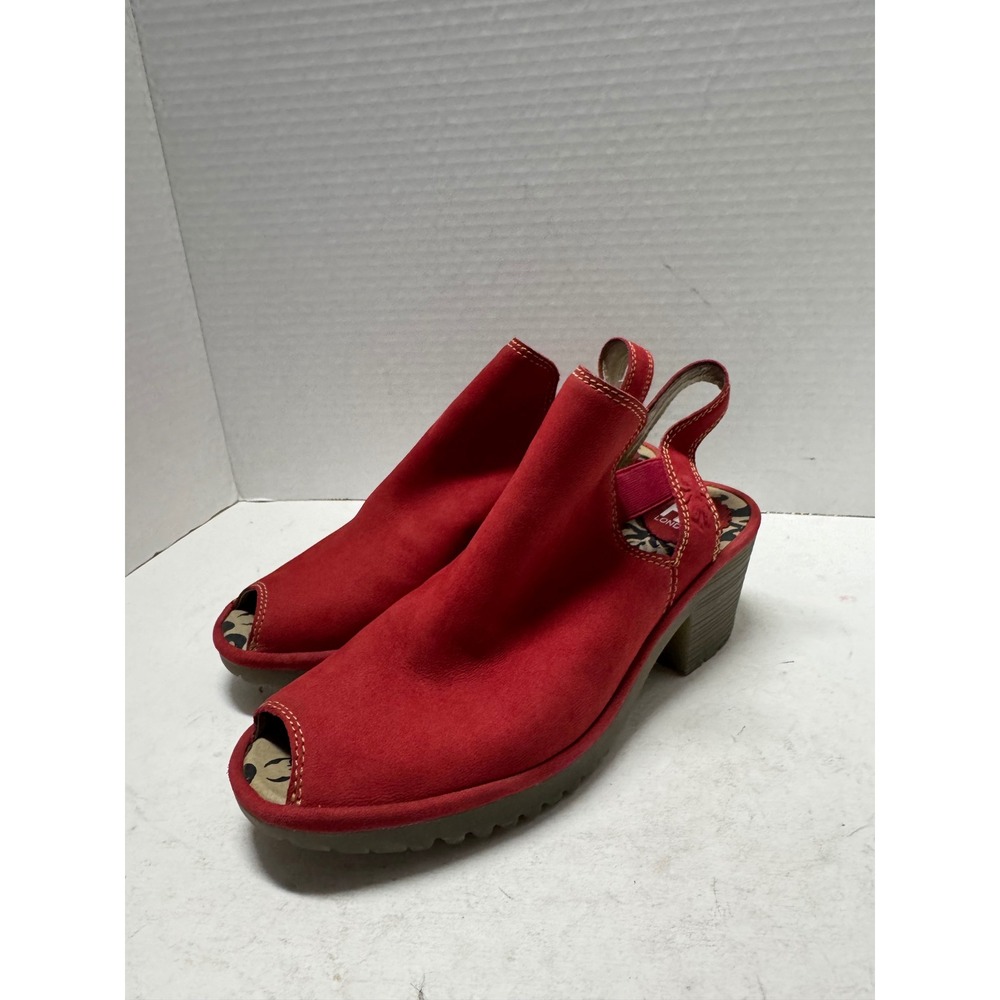 Fly London Red Nubuck Leather Peep Toe Slingback Block‎ Heel Sandals Size 37 6.5